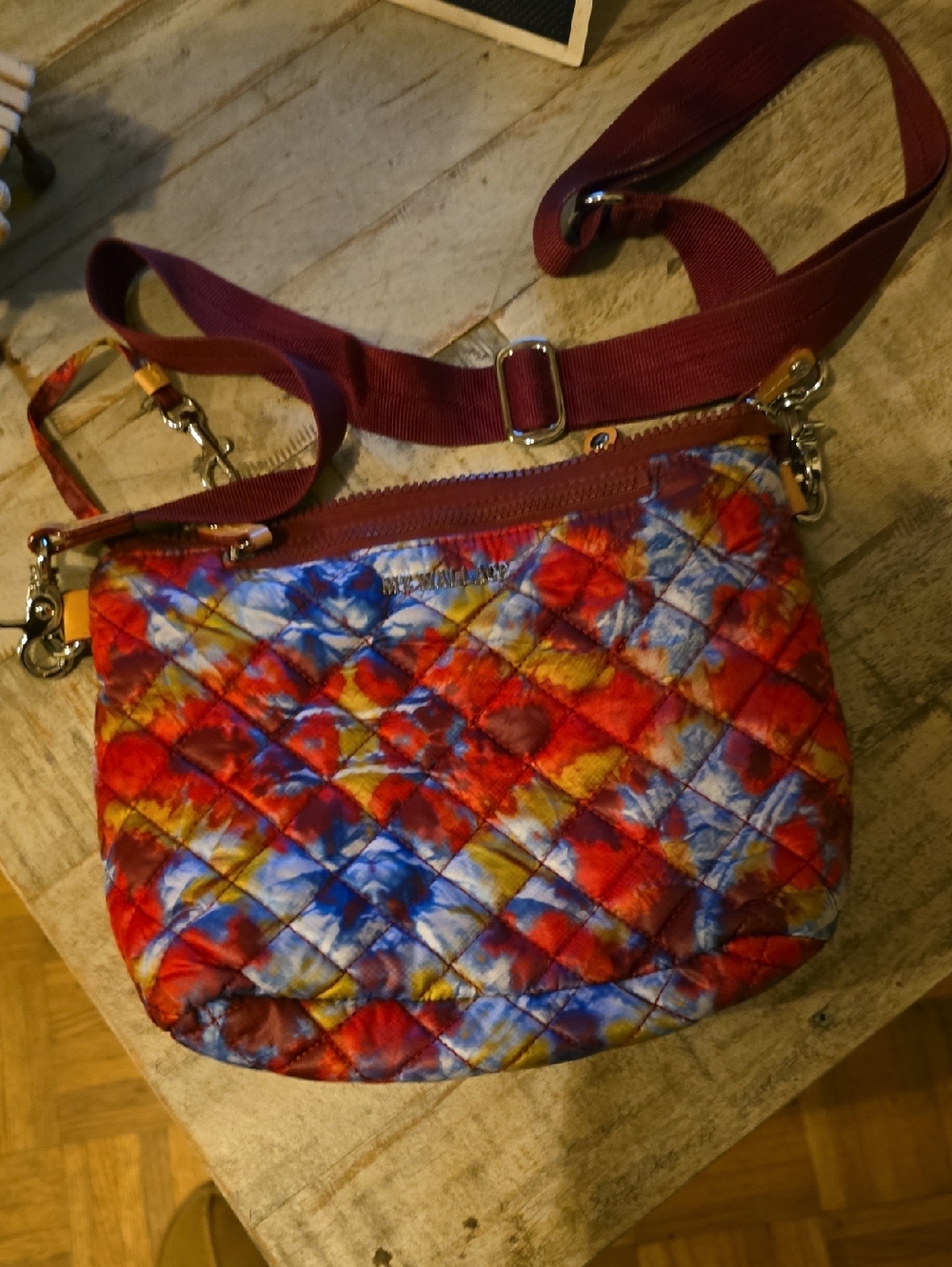MZ Wallace  Metro Scout Prism Quilted Crossbody Bag with Burgundy Strap